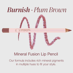 Mineral Fusion Lip Liner Burnish packaging highlights vegan and paraben-free formula.