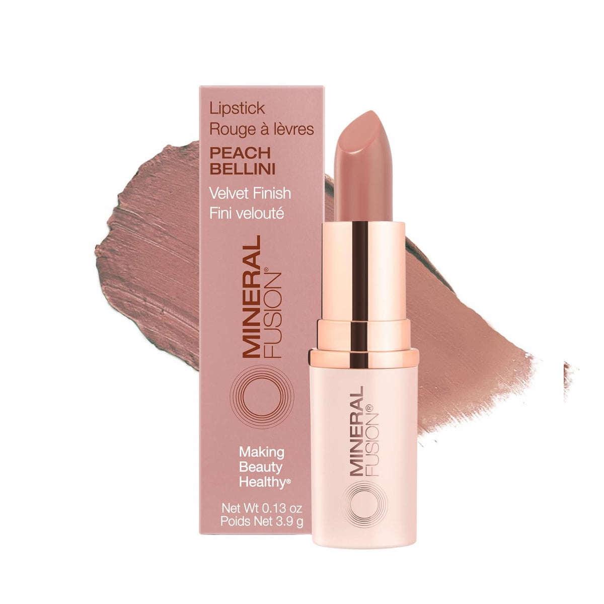 Mineral Fusion Peach Bellini cap closeup shows rich color and hydrating oils for daily use.