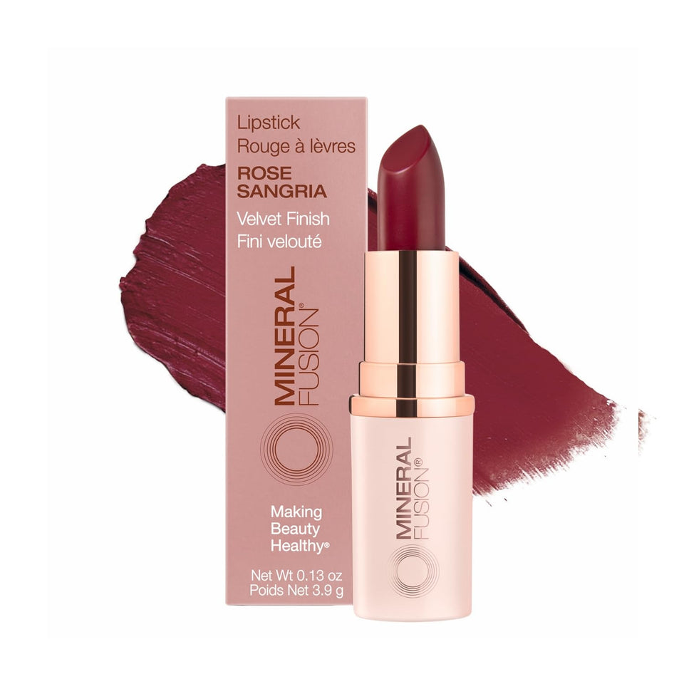 Mineral Fusion Lipstick Rose Sangria swatch shows vivid color and buttery smooth texture.