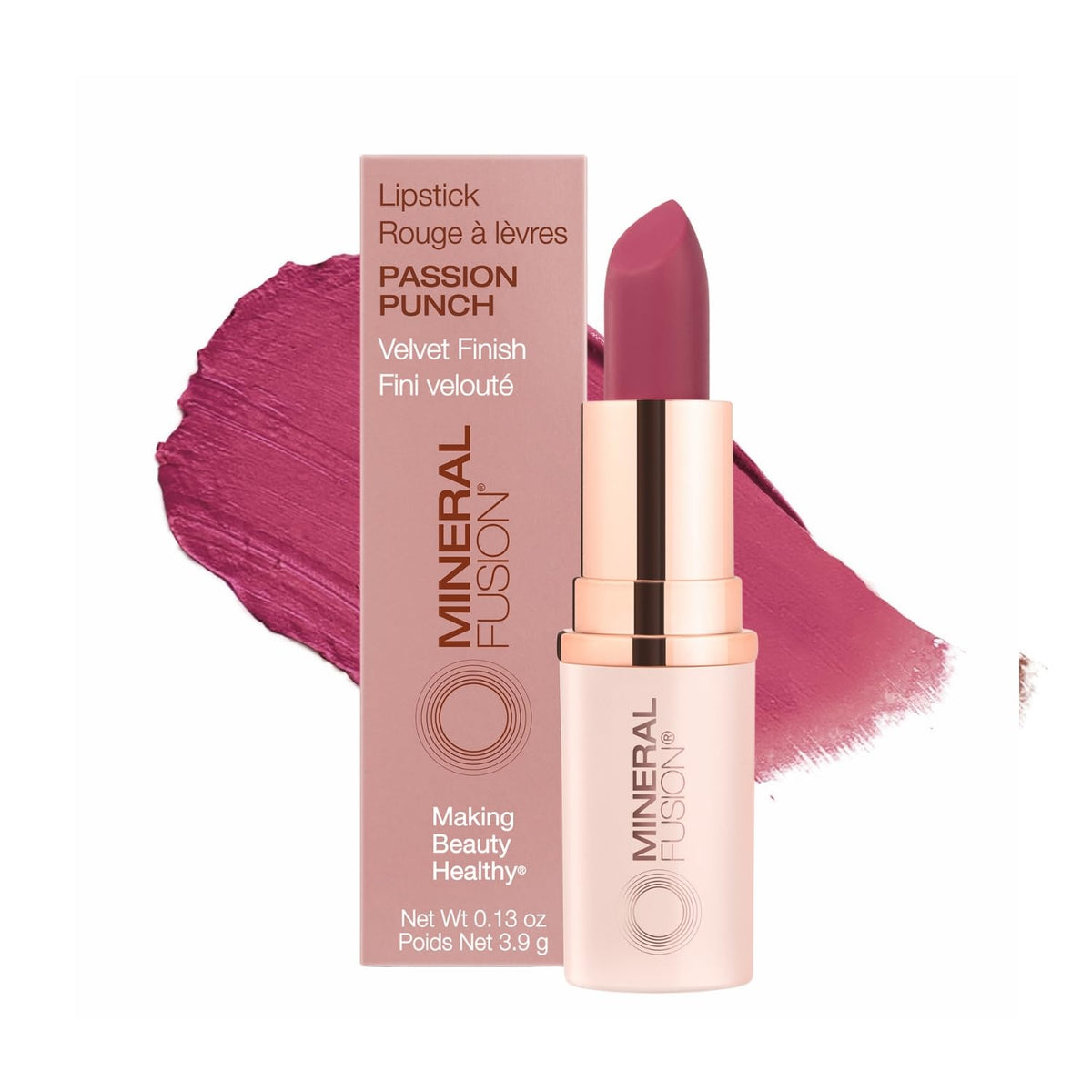 Mineral Fusion Lipstick Passion Punch swatch reveals vivid color and smooth finish