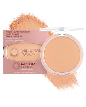 Mineral Fusion Olive 2 pressed powder swatch for a smooth, shine-free finish