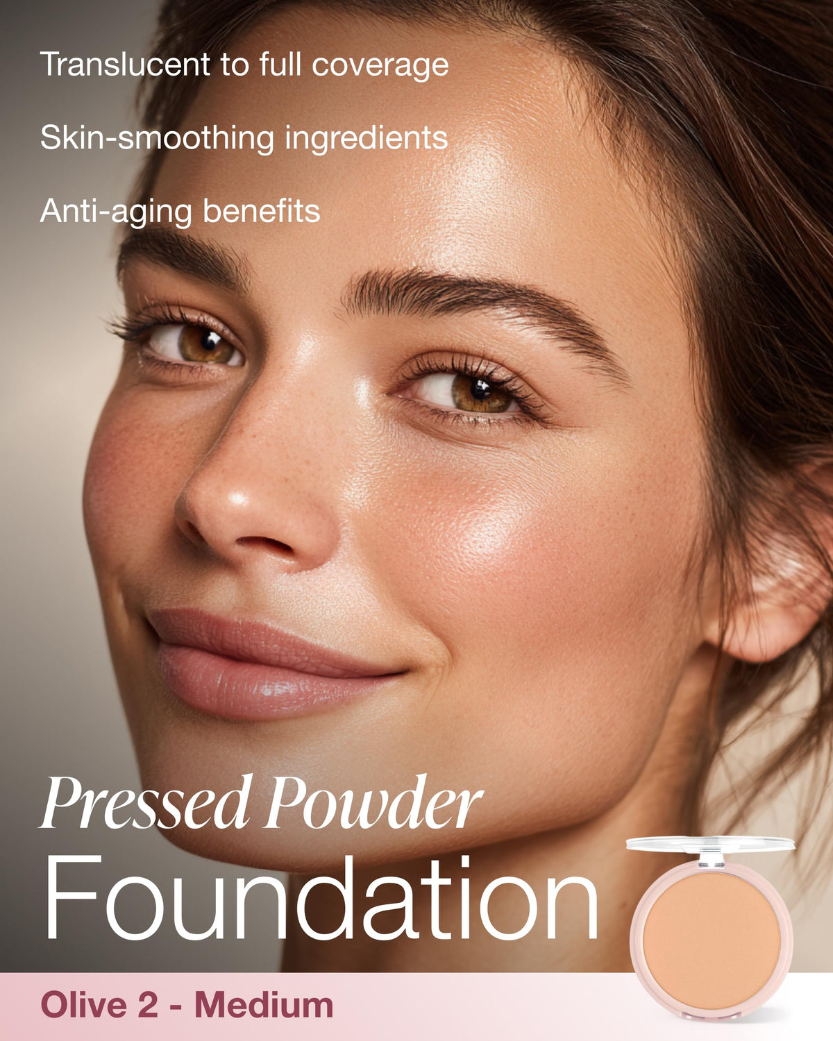 Close-up of Mineral Fusion Olive 2 compact showing pore-blurring effect