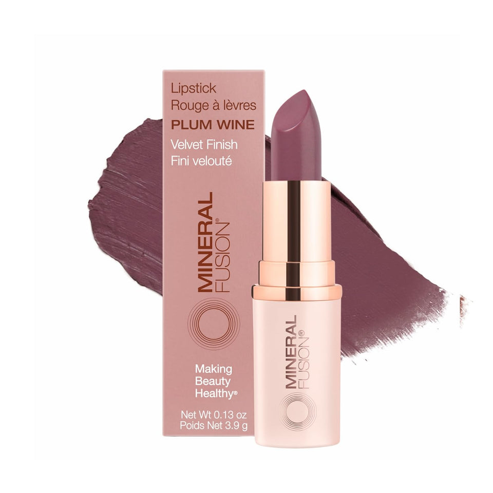 Mineral Fusion Plum Wine lipstick with closed cap delivers vivid all-day color.
