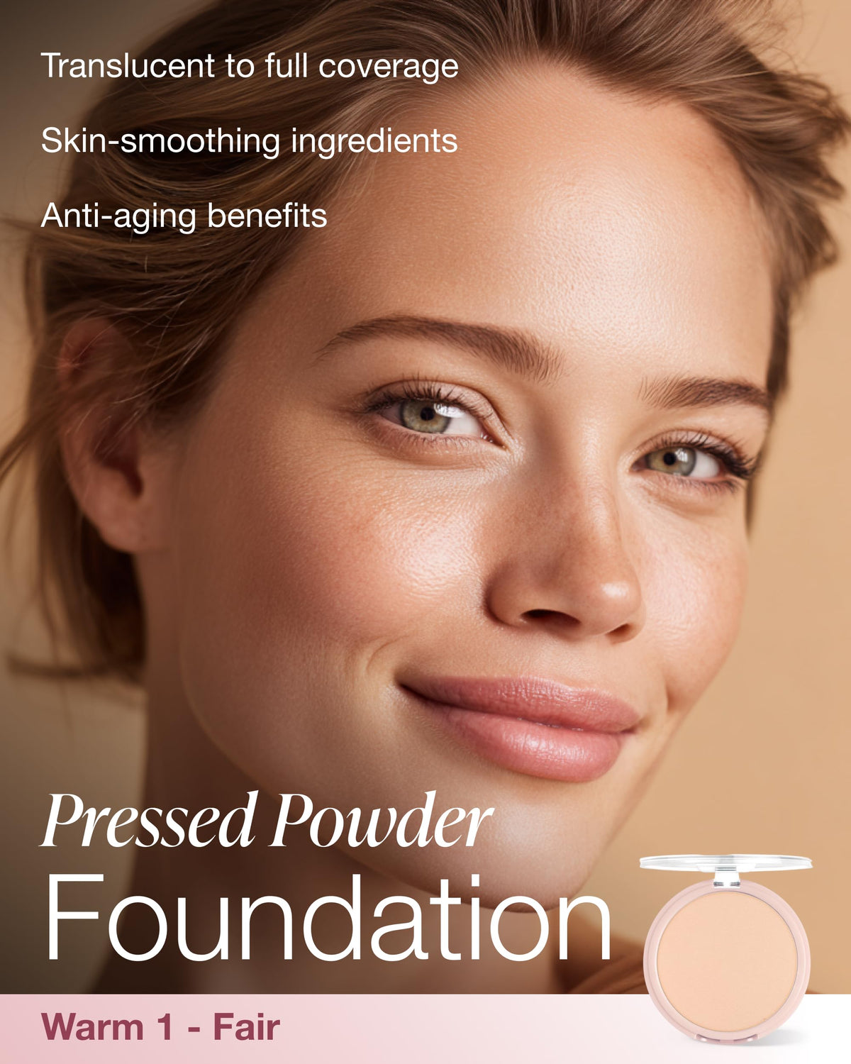 Close-up texture of Mineral Fusion pressed powder foundation Warm 1 shows smooth, pore-blurring finish.