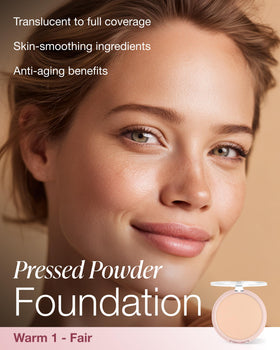 Close-up texture of Mineral Fusion pressed powder foundation Warm 1 shows smooth, pore-blurring finish.