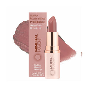 Mineral Fusion Prosecco lipstick front view showing bold satin color for day-long wear.