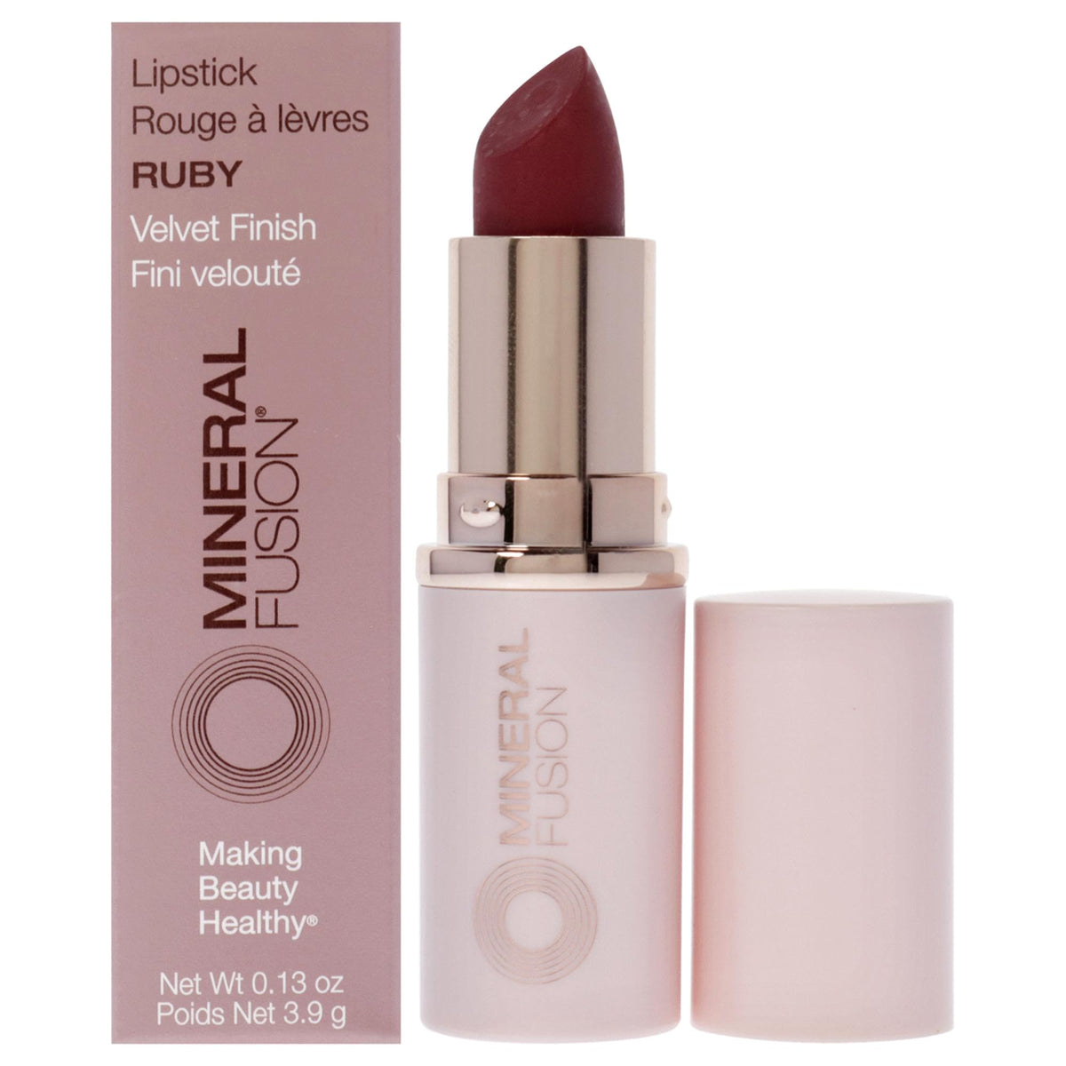 Mineral Fusion Ruby lipstick color swatch shows vivid, long-lasting shade.