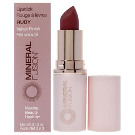 Mineral Fusion Ruby lipstick color swatch shows vivid, long-lasting shade.