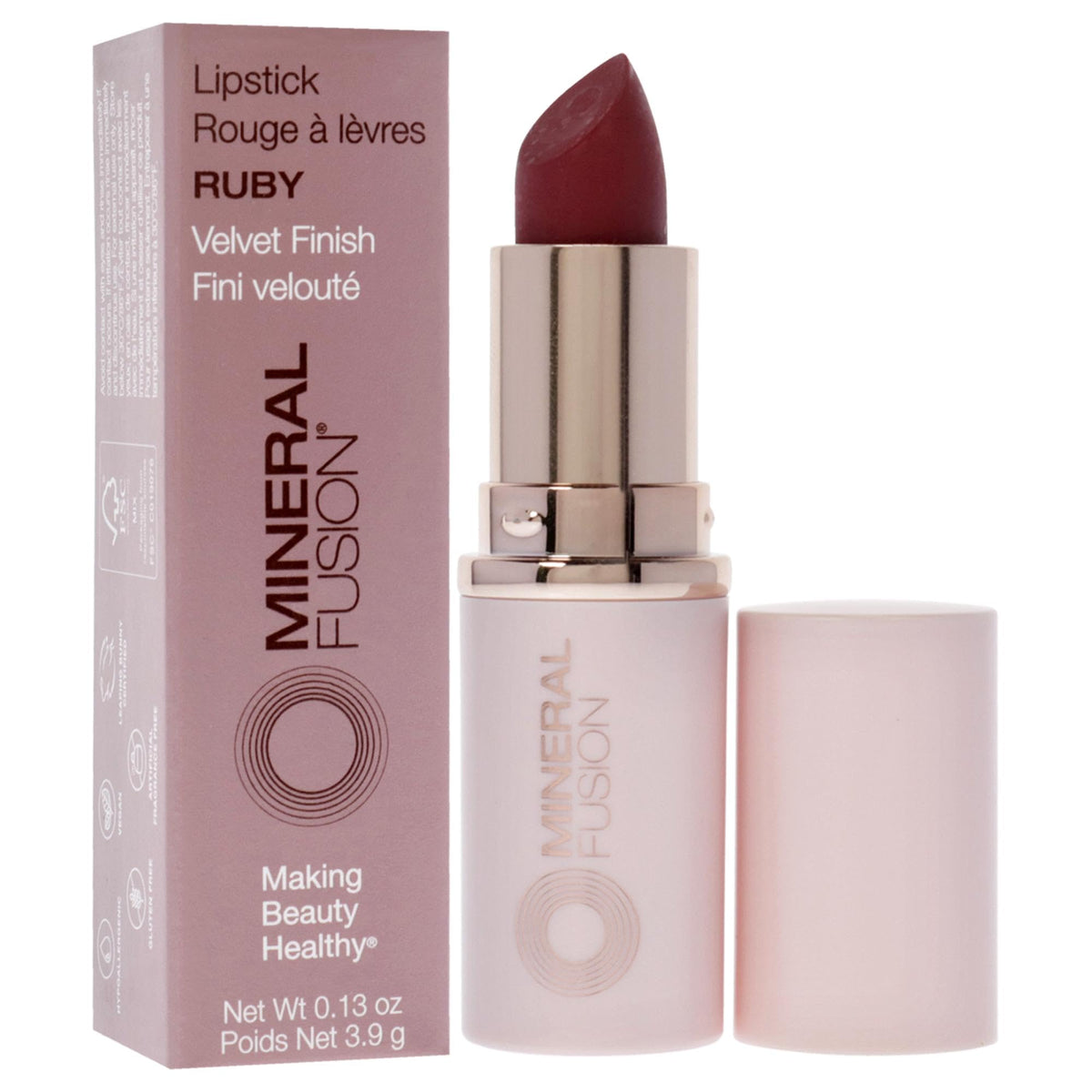 Mineral Fusion Ruby lipstick packaging highlights vegan, cruelty-free formula.