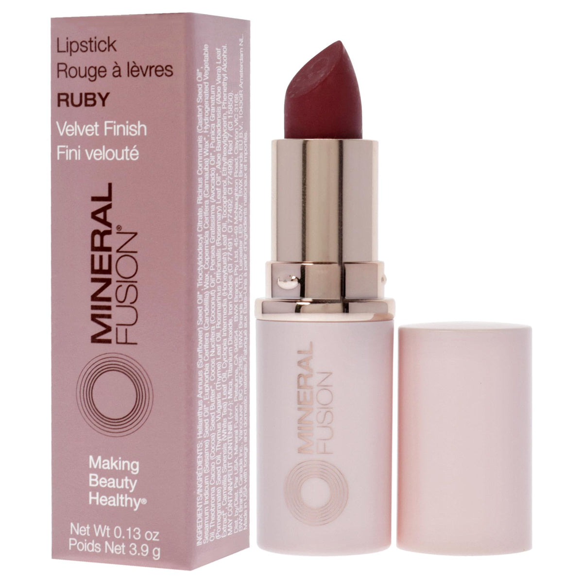 Mineral Fusion Ruby lipstick swirl on skin demonstrates blendable color.