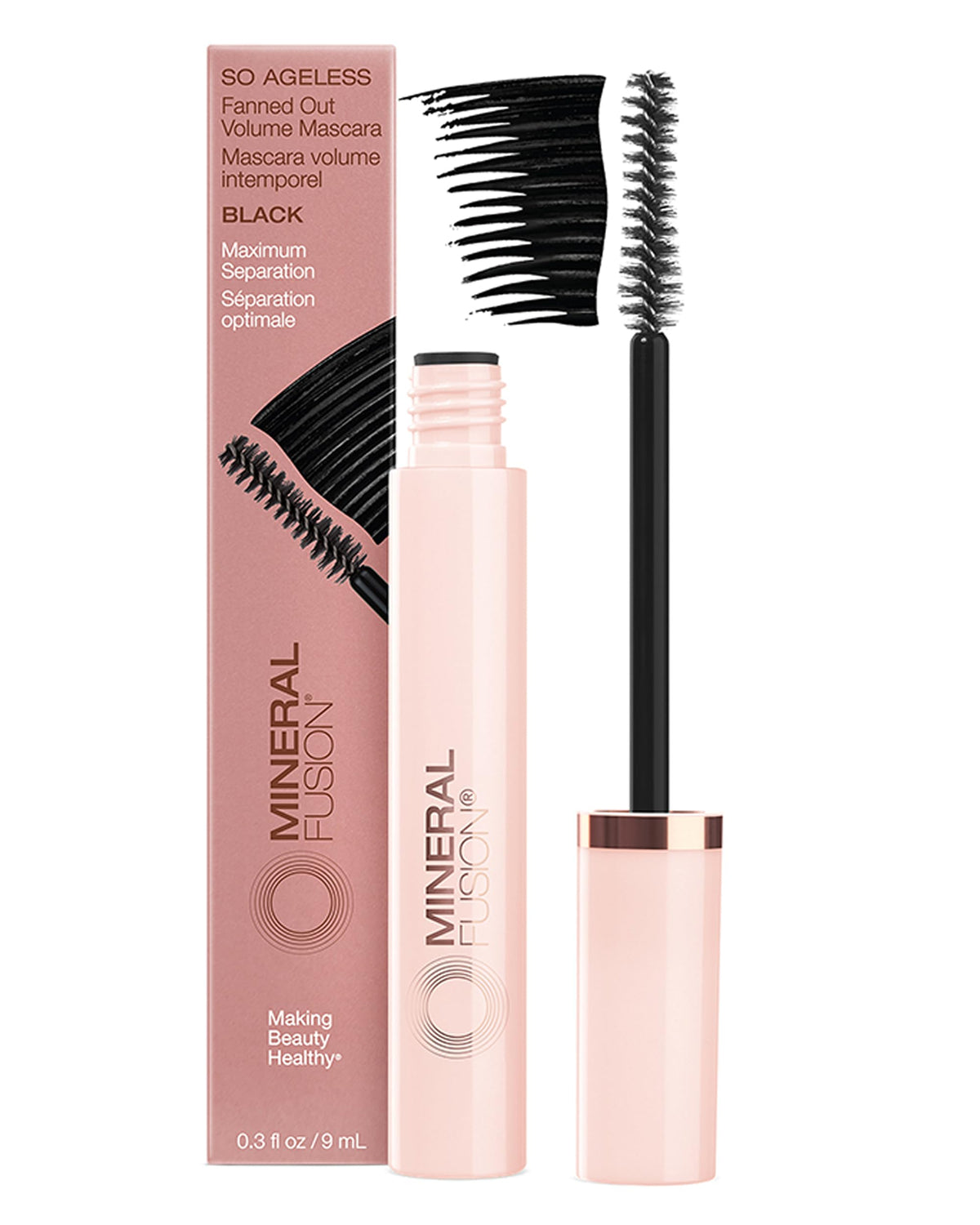 Mineral Fusion So Ageless mascara bottle highlights conditioning formula for daily wear