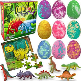 Mineral Me California dino egg bath bombs set with a surprise toy inside for bath time