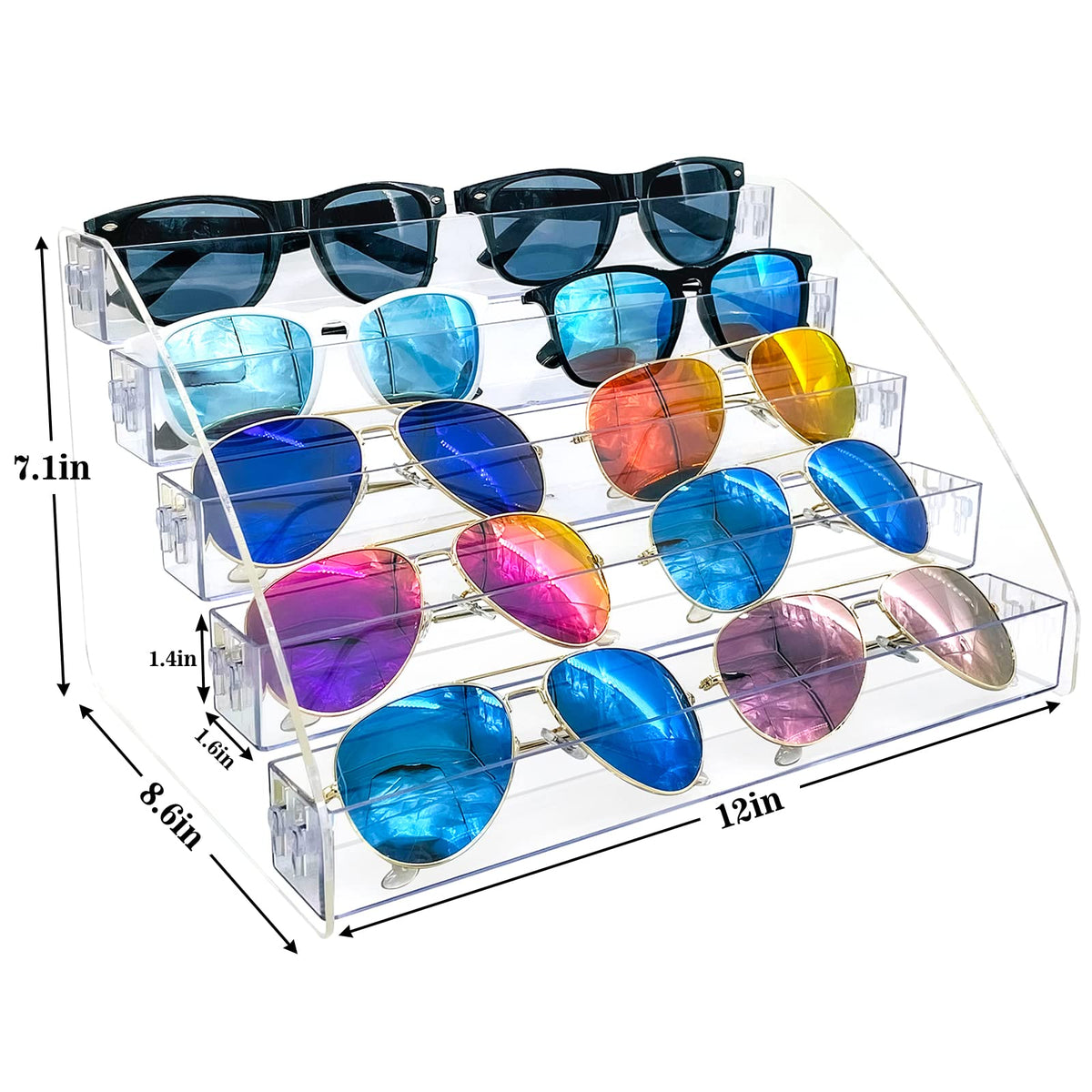 MineSign display case features transparent railing to showcase eyewear elegantly.