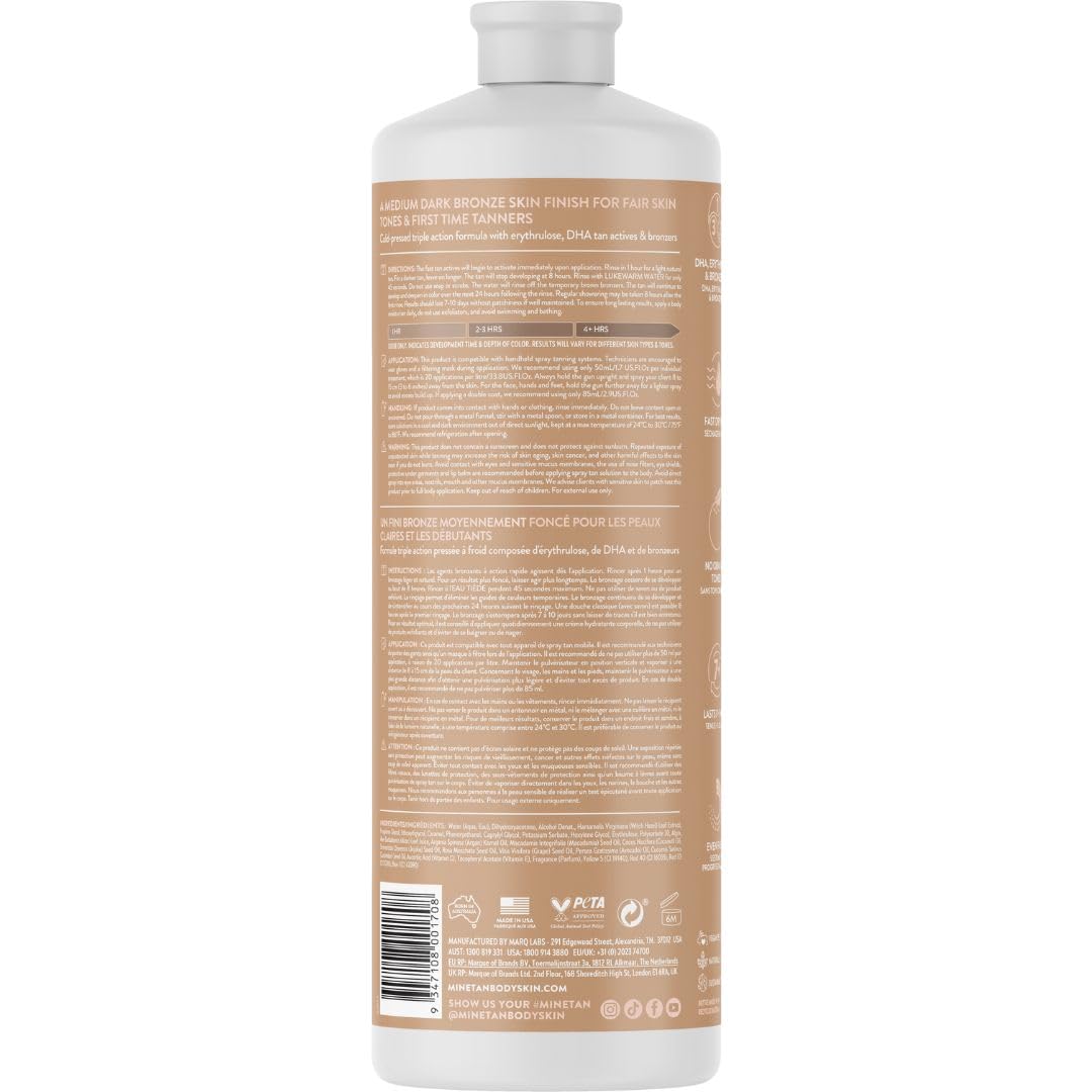 MINETAN BODY.SKIN spray tan bottle pour for smooth, even coverage during professional applications.