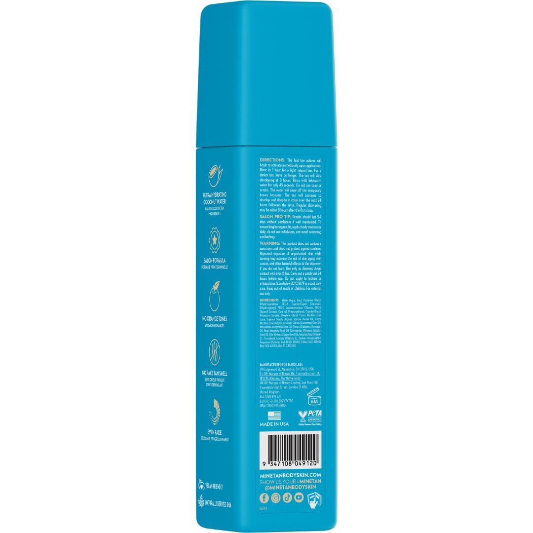 MINETAN BODY.SKIN coconut duo self tan foam back view showing rich color
