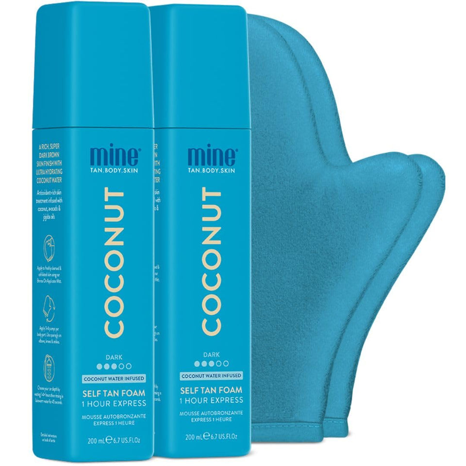 MINETAN BODY.SKIN coconut duo self tan foam front view for an even olive bronze finish