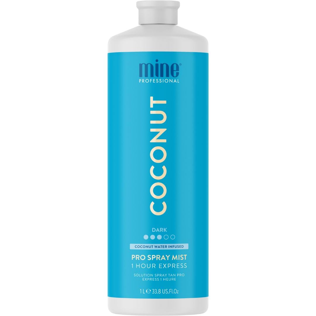 MINETAN coconut spray tan bottle showing hydrating formula and bronze glow.