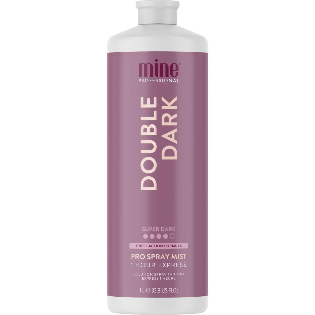 MINETAN Double Dark spray tan bottle shows premium packaging for a deep bronze finish