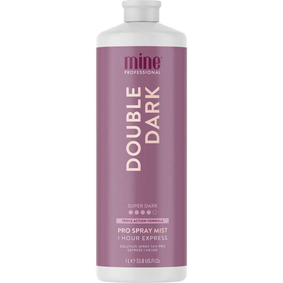 MINETAN Double Dark spray tan bottle shows premium packaging for a deep bronze finish