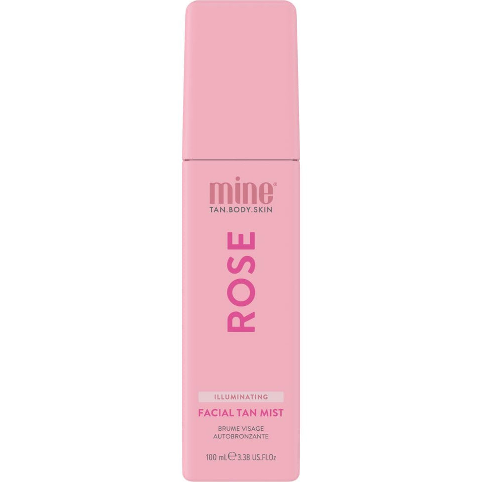 MINETAN Rose Face Tan Mist bottle showing rosewater hydration and glow potential