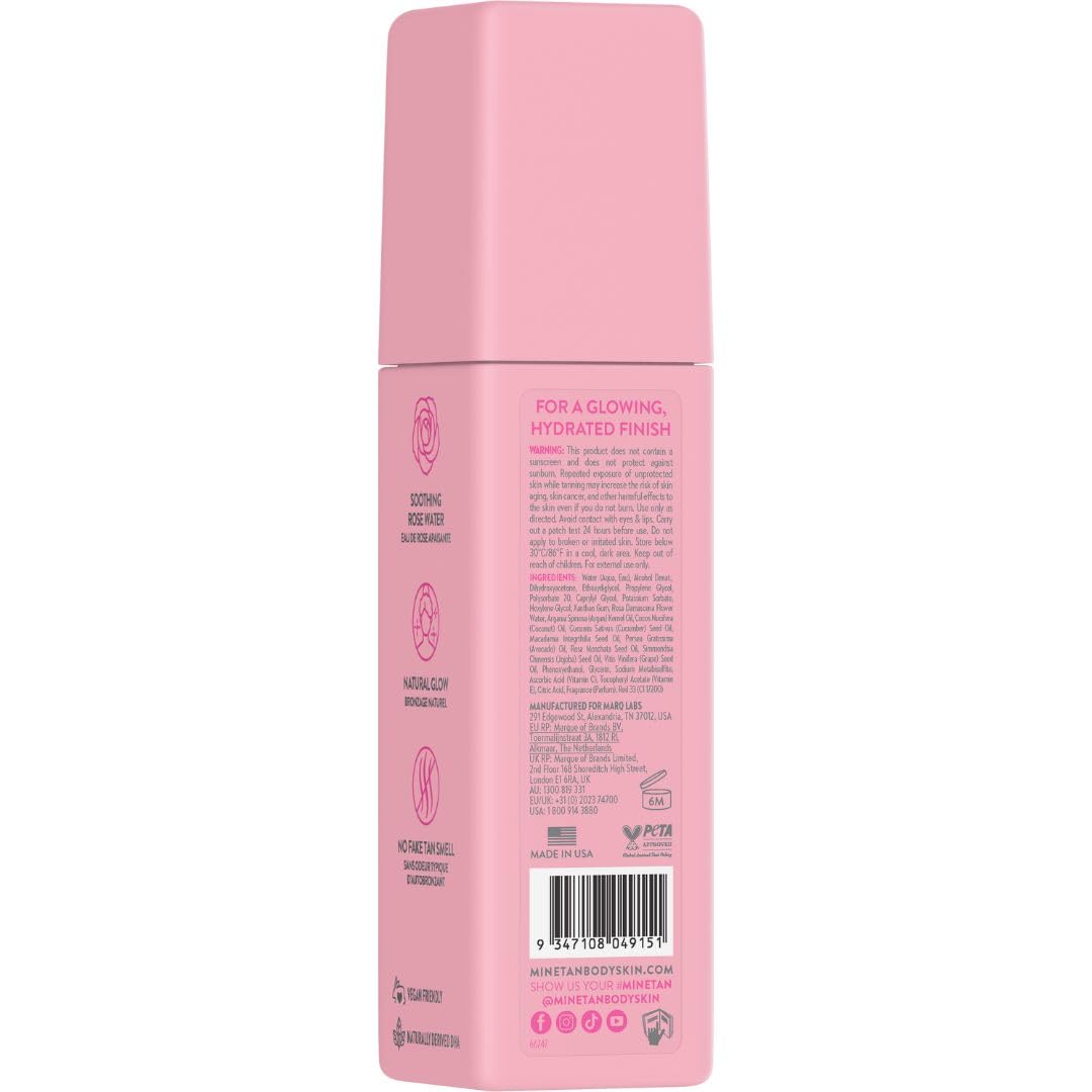 MINETAN Rose Face Tan Mist spray bottle demonstrating clear formula for daytime use