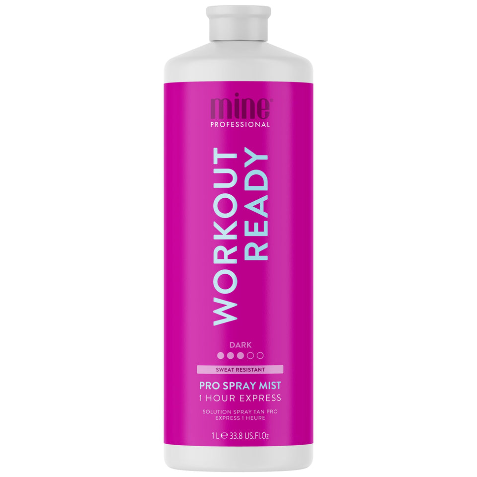 MineTan Workout Ready spray tan bottle with fast-drying bronze finish.