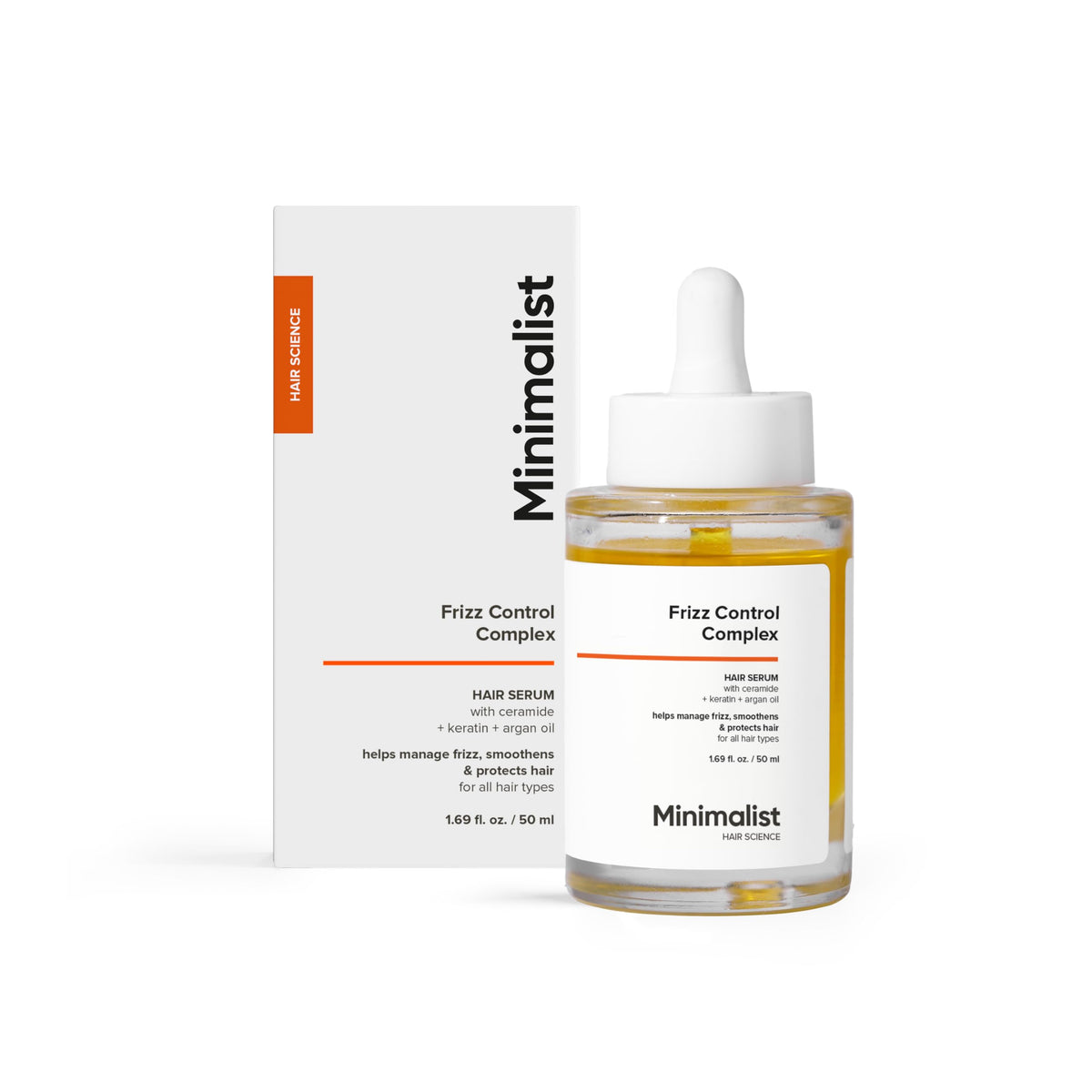 Minimalist Frizz Control Complex serum bottle with keratin-argan formula for smoother hair