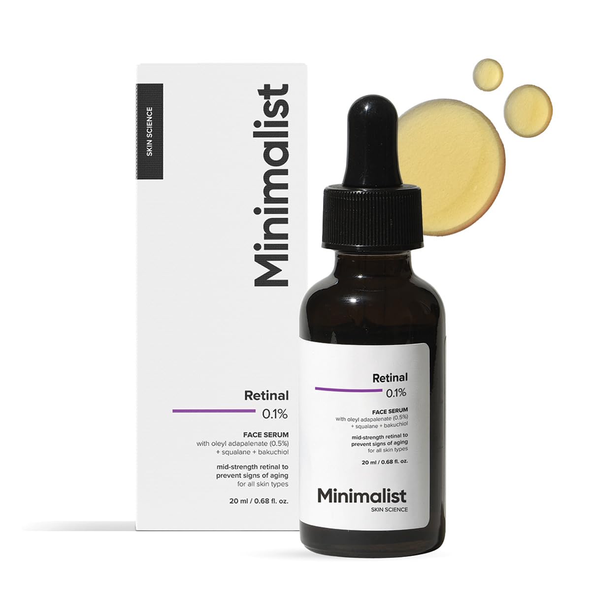 Minimalist Retinal 0.1% serum bottle for nighttime anti-aging routine.