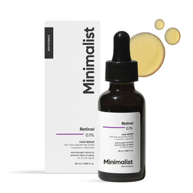 Minimalist Retinal 0.1% serum bottle for nighttime anti-aging routine.