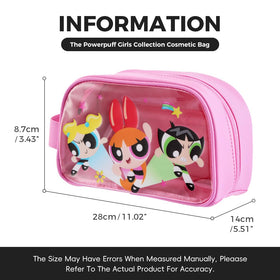MINISO Powerpuff Girls makeup bag clear-front panel enables quick item spotting.