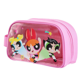 MINISO Powerpuff Girls makeup bag front view, licensed design for stylish travel.