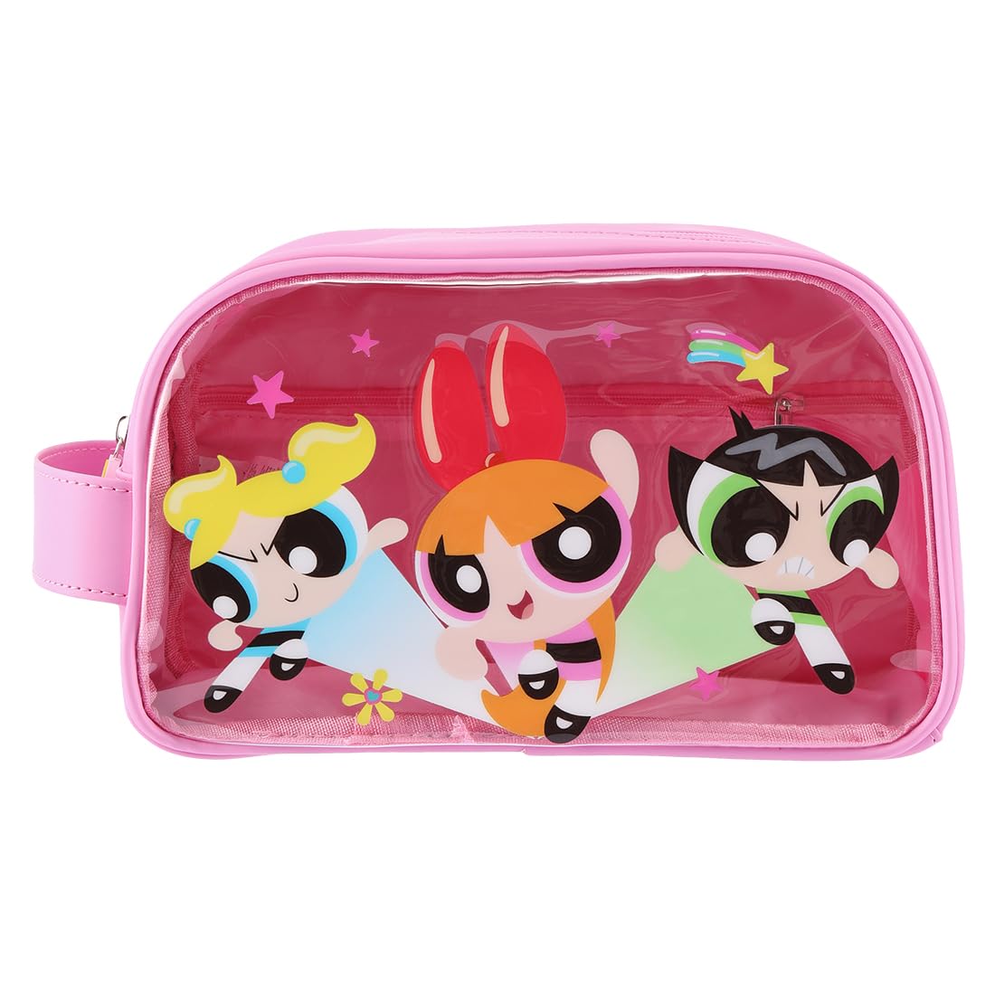 MINISO Powerpuff Girls makeup bag side view highlights compact everyday carry.