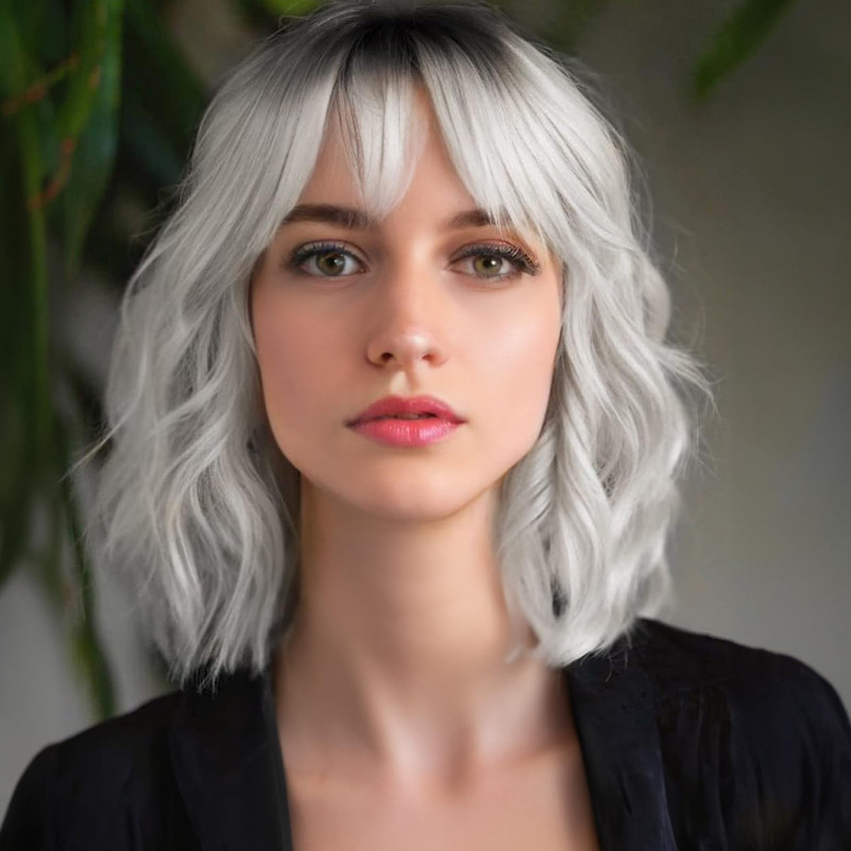 MINLEE silver gray wig with bangs, versatile 14-inch bob for daily wear.