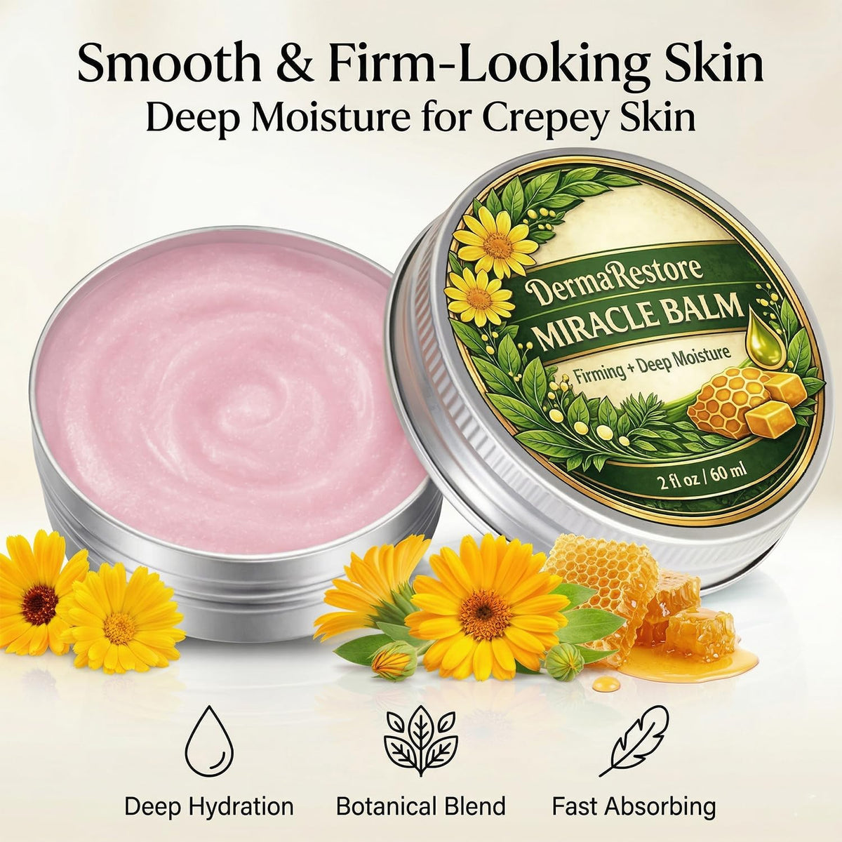 Cream texture close-up of Minnah Derma Restore Balm showing quick absorption.