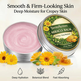 Cream texture close-up of Minnah Derma Restore Balm showing quick absorption.