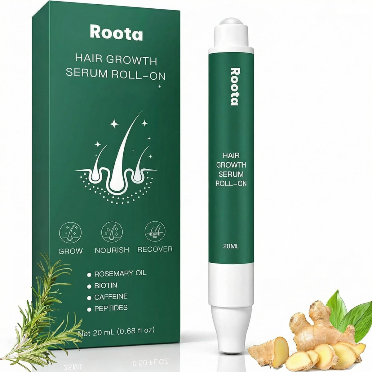 Minnah Roota hair growth serum roll-on bottle highlights a nourishing formula for thicker-looking hair.