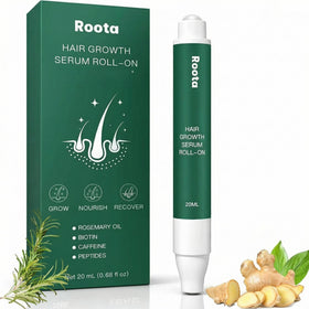 Minnah Roota hair growth serum roll-on bottle highlights a nourishing formula for thicker-looking hair.