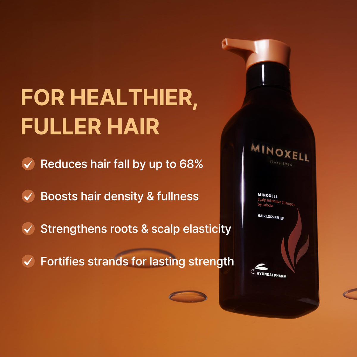 MINOXELL Biotin Shampoo close-up highlights biotin and peptides for stronger roots.