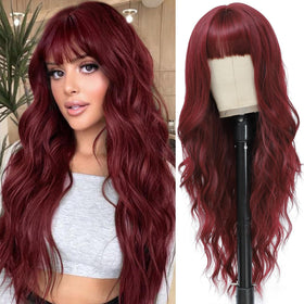 MINSEEYOO burgundy wig with bangs for long, natural-looking waves.