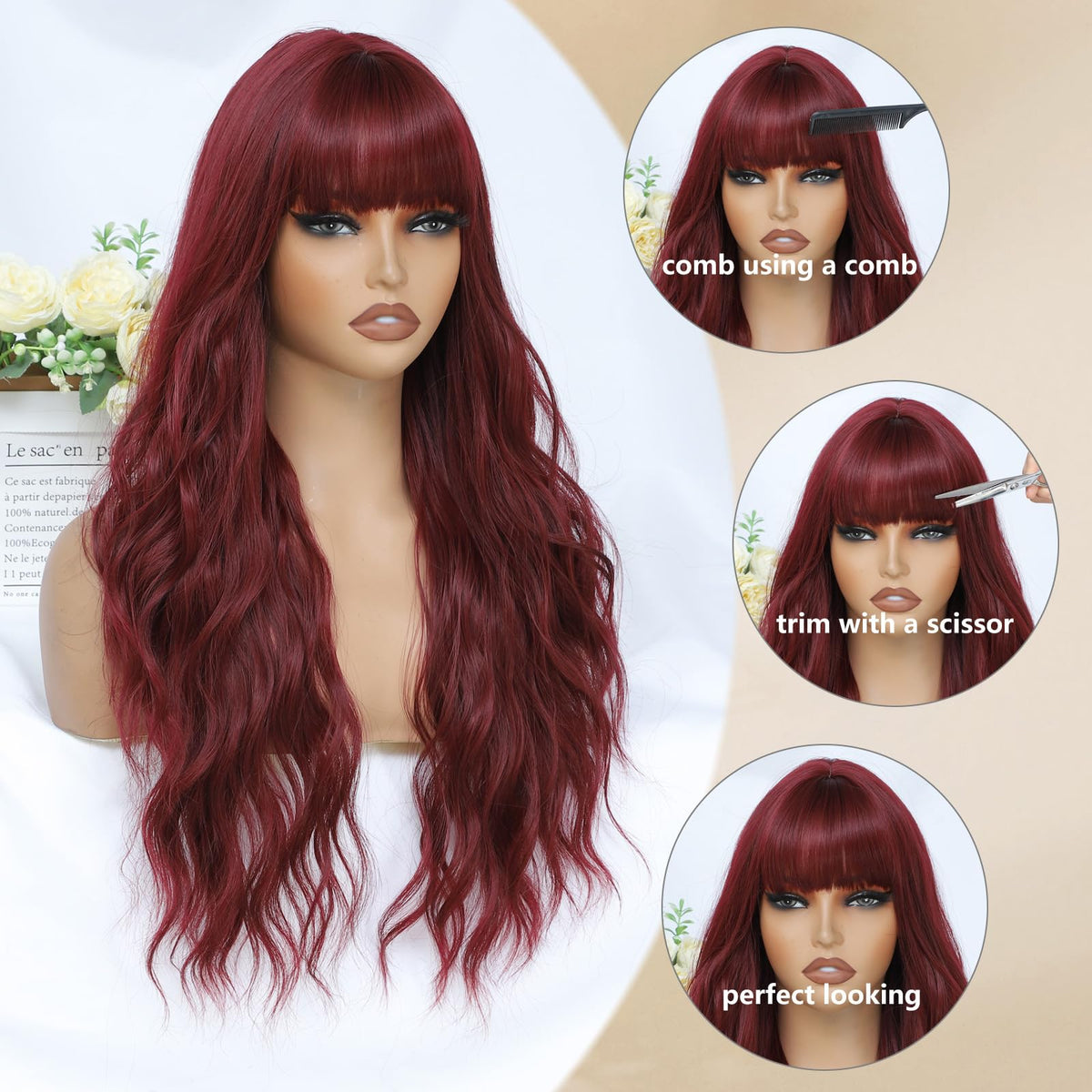 MINSEEYOO long burgundy wig for versatile daily looks.