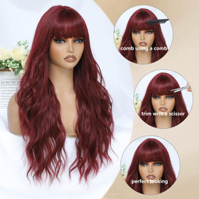 MINSEEYOO long burgundy wig for versatile daily looks.