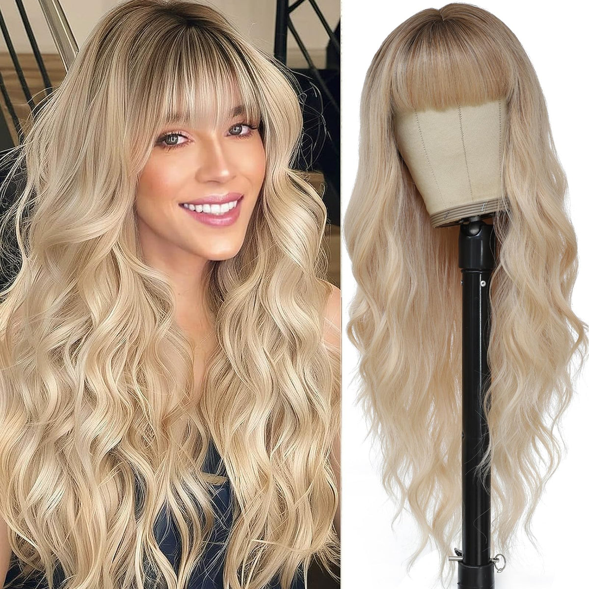 MINSEEYOO blonde wig with bangs offers natural long waves for daily wear.