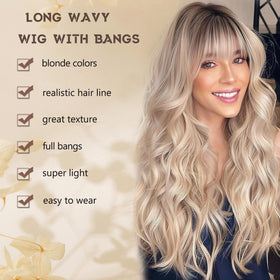 MINSEEYOO long blonde wavy wig with heat-resistant fibers for lasting styling.