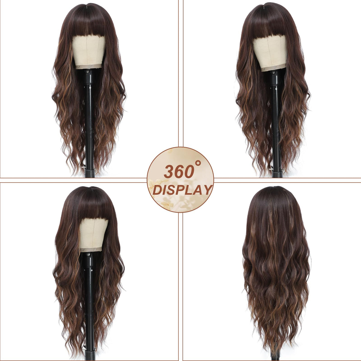 MINSEEYOO brown highlights wig with bangs frames the face.