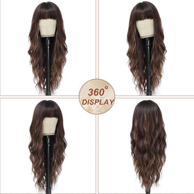 MINSEEYOO brown highlights wig with bangs frames the face.