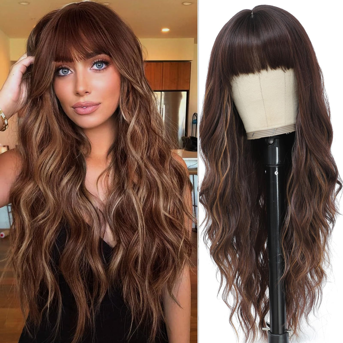 MINSEEYOO brown mix blonde wig with bangs showing long, wavy hair for daily wear.