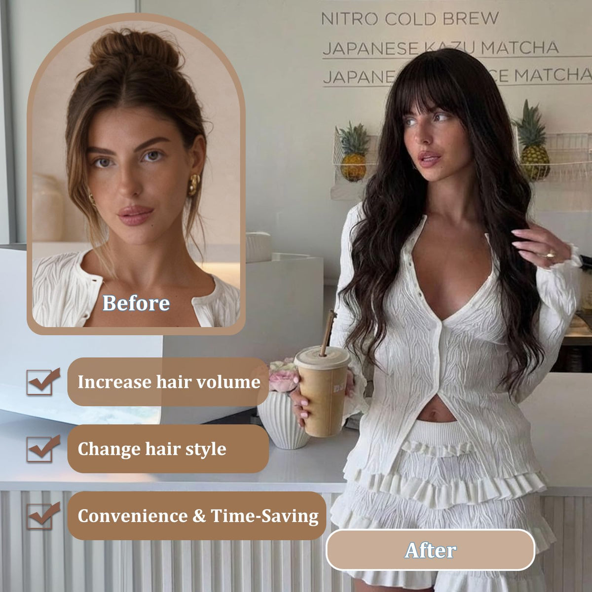MINSEEYOO brown wig on model for casual daily wear and easy styling.