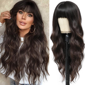 MINSEEYOO brown wig with bangs: long face-framing waves for everyday wear.