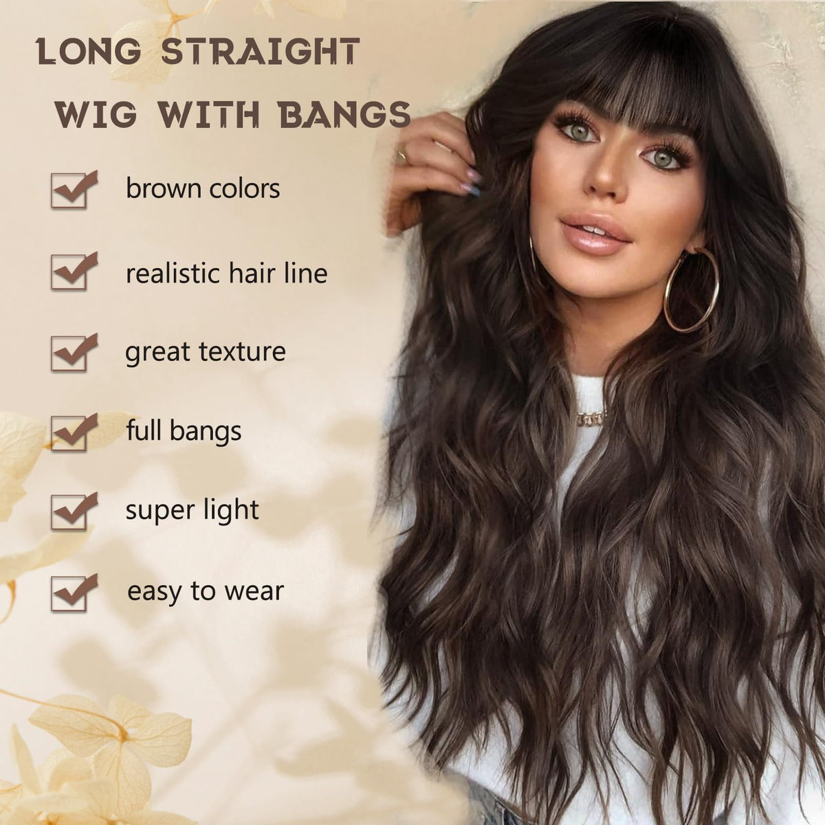 MINSEEYOO brown wig with bangs close-up showing soft, silky fibers for natural look.