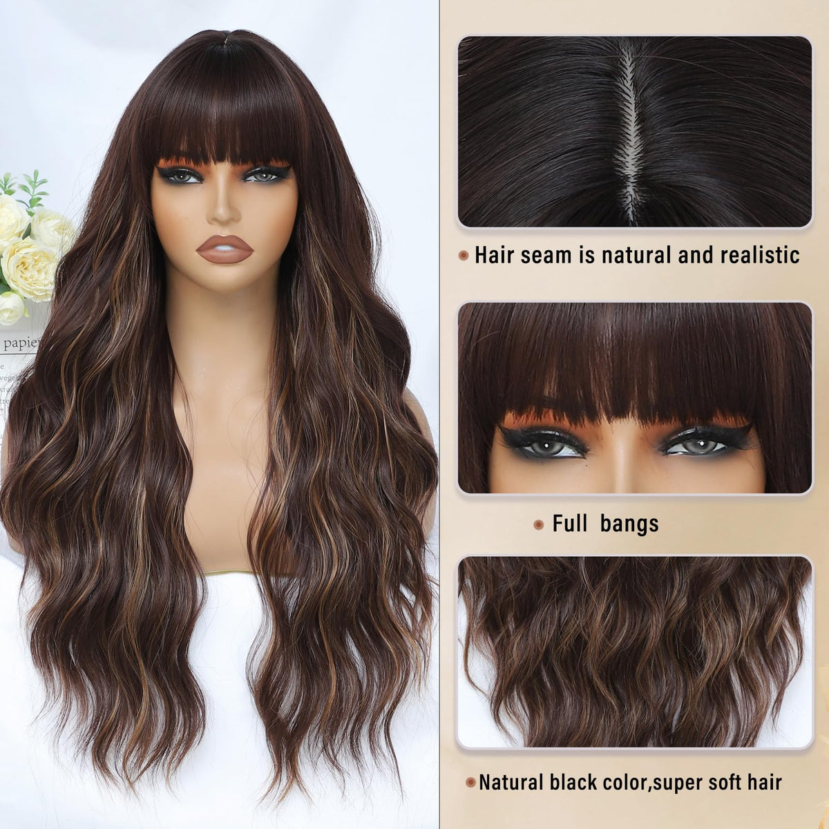 MINSEEYOO heat-resistant synthetic wig offers soft, silky feel.